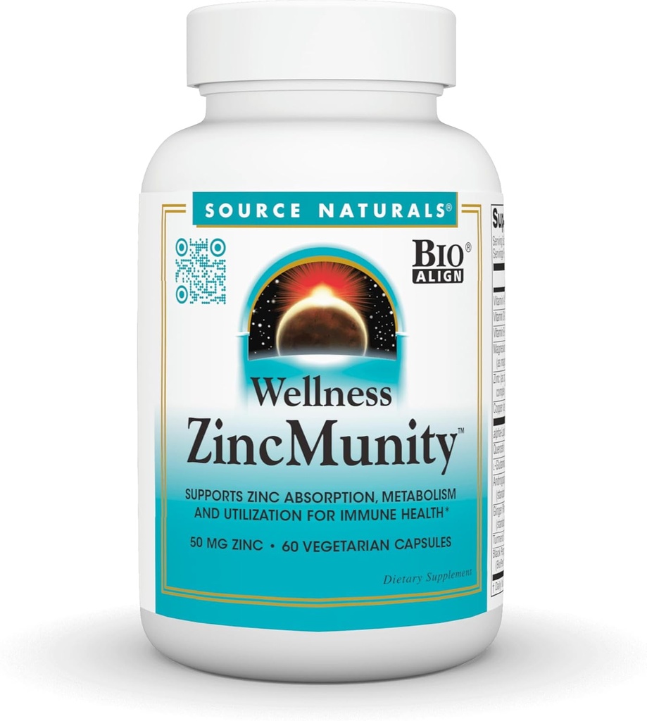 Sursa Naturals Wellness ZincMunity, susţine absorbţia zincului, metabolizarea şi utilizarea pentru Heath Imun*, 50 mg Zinc - 60 Capsule vegetariene