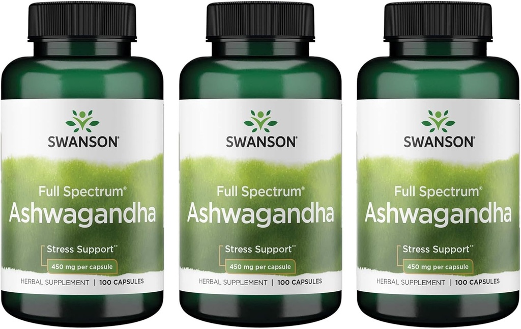 Swanson Ashwagandha pulbere Supliment-Ashwagandha Root Promovarea Stres Relief & Energie Suport-Ayurvedic Supliment pentru Wellness Natural (100 capsule, 450 mg fiecare) 3 ambalaj