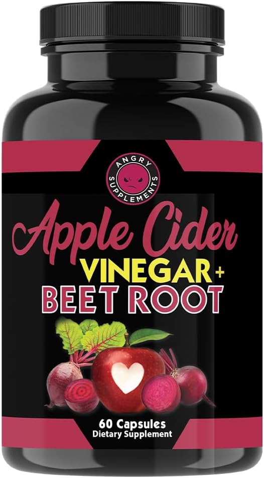 Angry Supplements Apple Cidru Oţet + Root Powder Capsule, Pure ACV Beetroot 1000mg per Serving, Digestive Health for Men and Women (60ct, 1-Month Supply)