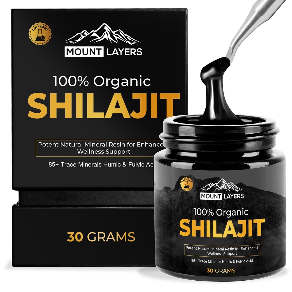 Silajit Pure Resin cu acid fuzelian - Himalayan Shilajit pentru bărbați și femei cu 85+ Trace Minerale - Sprijină Metabolism - Sănătate osoasă și sistemul imunitar - 500mg - 60 Servings - 30g Jar