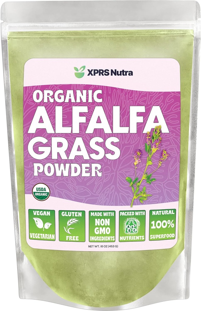 XPRS Nutra organic Alfalfa pulbere - Premium Vegan supliment bogat în calciu, antioxidanți, vitamine - Farmer Supliment pentru copii și adulți - Vegan prietenos Alfalfa Leaf (16 Ounce)