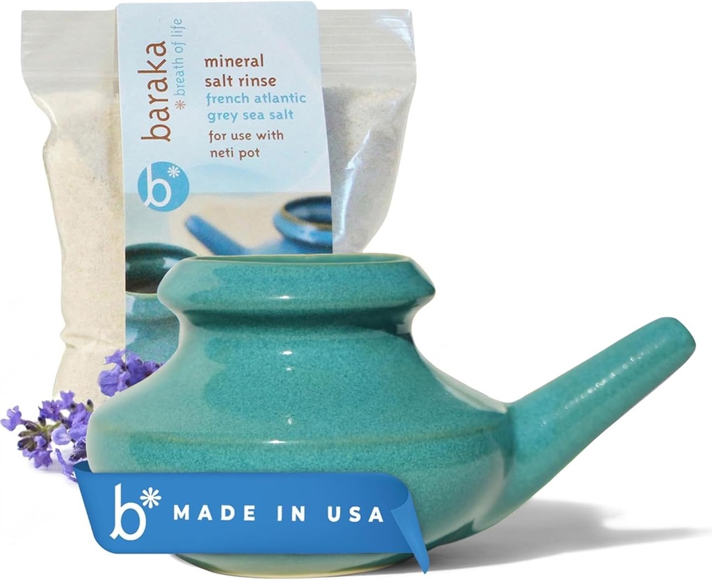 Baraka Neti Pot Tool Kit - Sforăit și soluție salină, Handcrafted Ceramic Spălătorie Seif cu 2 oz Sare de la Marea Minerale pentru Curățarea nasului Perfect pentru Alergie Ajutor la Adulți și Copii (Jade)
