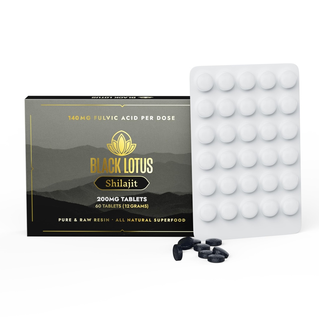 Black Lotus Shilajit Resin Tablets, 60 Count, 200mg Fiecare, 100% Natural Shilaj pur pentru bărbați și femei cu aminoacizi, 140mg Acid fuzelian, 85 Ionic Trace Minerale, pentru suport imun, Focus, Energie