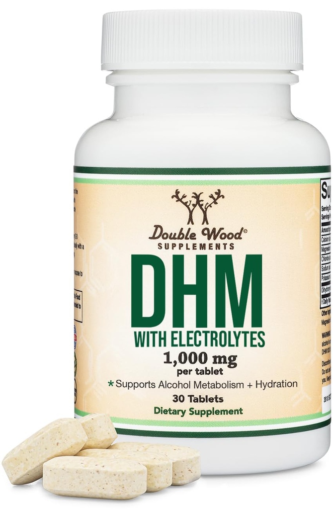 DHM1000 Dihidromyricetin (DHM) comprimate - cel mai puternic supliment DHM pe piață - 1000 mg (30 Număr) îmbunătățit cu electroliți pentru hidratare și suport hepatic de lemn dublu
