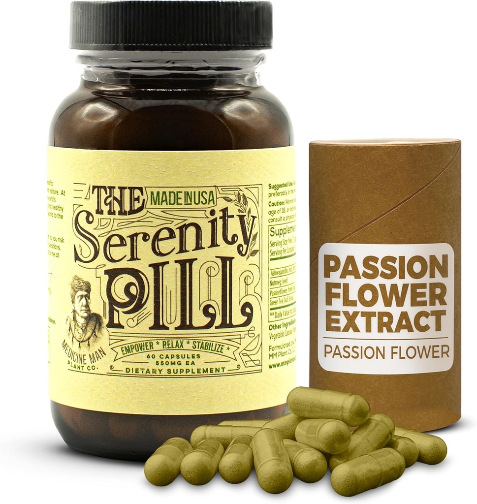 Serenity Pill 60 Caps - Pastile organice de moda & Anti Stres Supliment w/Ashwagandha Root Extract, Extract de flori de pasiune, nucsoara si extract de ceai verde - Natural Pasiune supliment de flori pentru stres