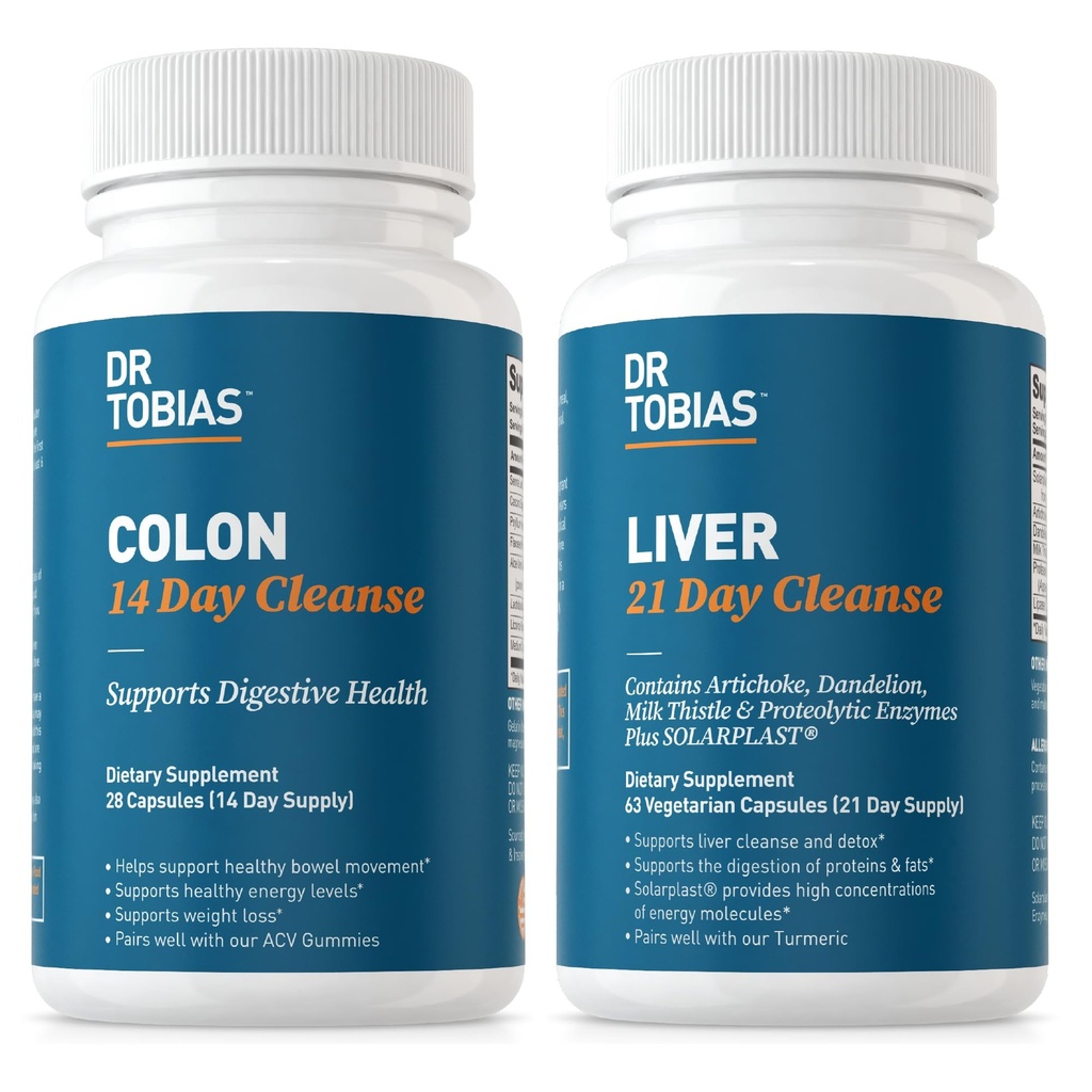 Dr. Tobias Colon 14 Day Cleanse & Liver 21 Day Cleanse Suplimente, cu Fiber, Herbs & Probiotics, Solarplast, Artichoke, Milk Thistle, Sprijină Gut și Sănătatea Ficatului.