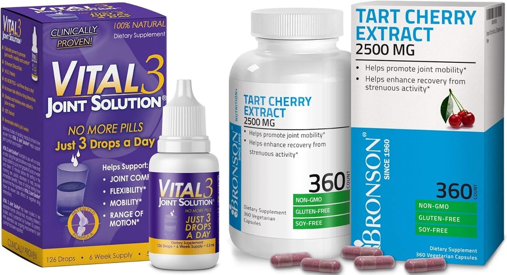 Vital 3 Soluţie comună® Provoacă clinic Supliment lichid pentru genunchi + Extract de cireşe cu tartă Bronson 2500 mg Capsule vegetariene