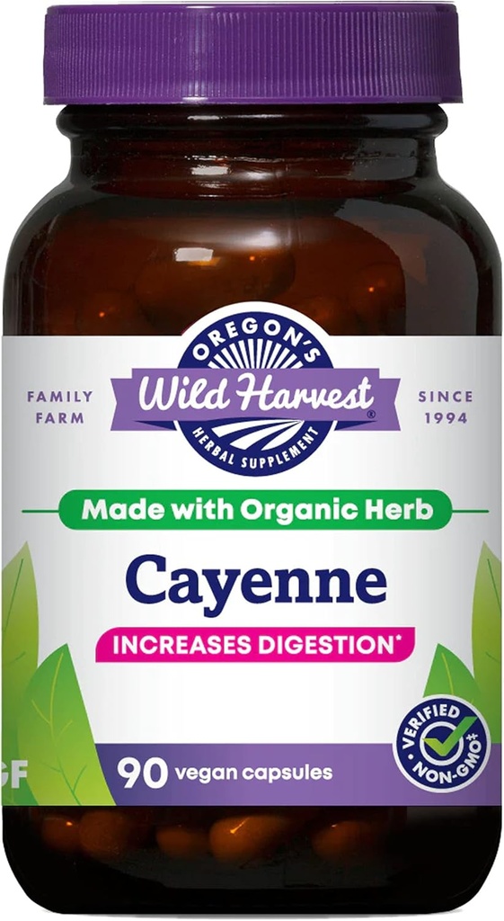 Oregon Wild Harvest capsule non-GMO Cayenne, suplimente vegetale organice, 90 Conte
