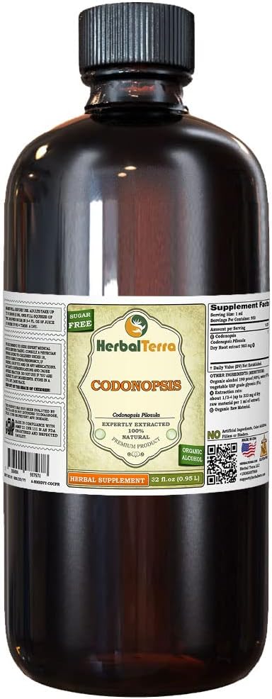 Codonopsis (Codonopsis Pilosula) Tinctură, Extract lichid din rădăcini uscate organice (Brand Name: HerbalTerra, Proudly Made in USA) 32 fl.oz (0,95 l)
