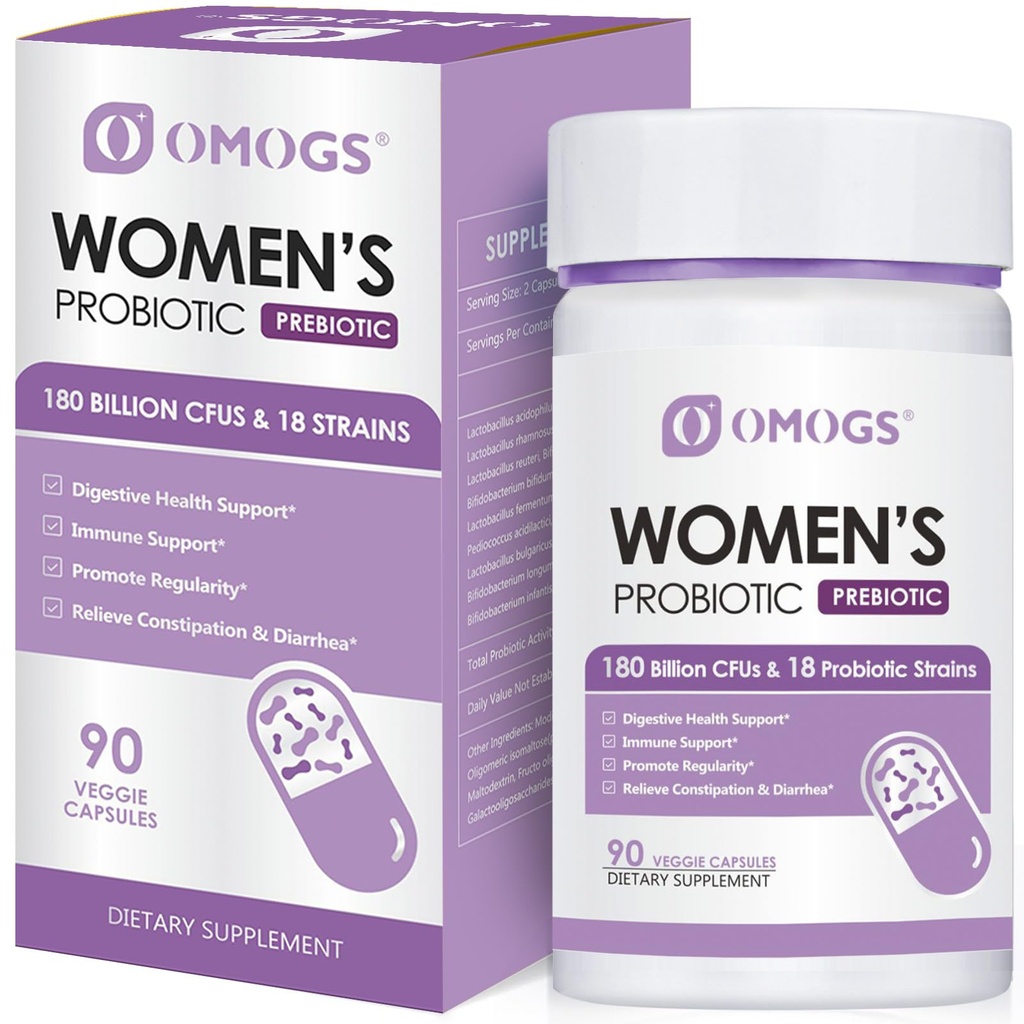 OMOGS Femeii Probiotic 180 Miliarde CFU 18 Strains, cu prebiotice organice, Cranberry Extract, D-Mannose & Digestive Enzime, pentru Digestive, Boost Immune, PH Balance & Uretral Health, 90 Capsule