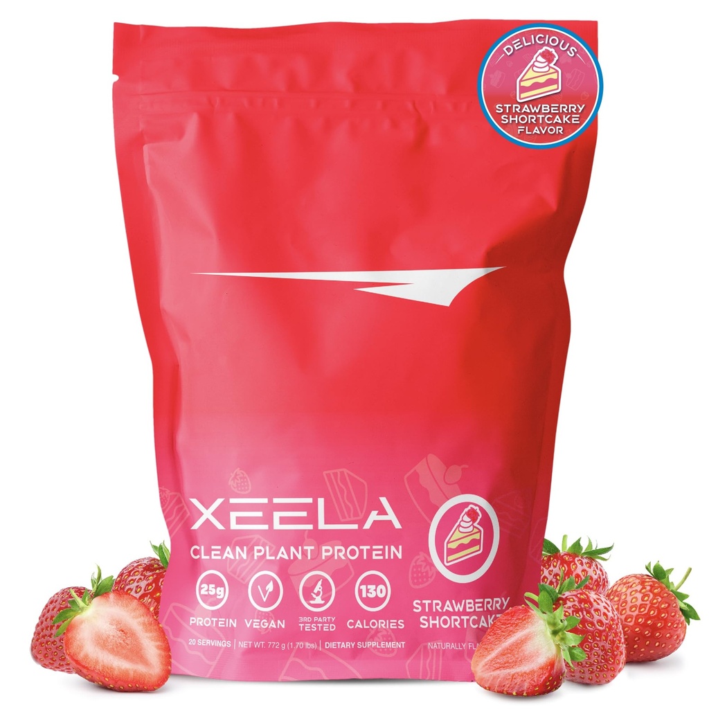XEELA pe bază de plante praf de proteine Vegan - independent testat - 25g proteine ridicate, proteine de mazăre pentru bărbați și femei - vitamine și minerale, non OMG-uri, lactate și gluten gratuit, LowCarb & LowFat (Cake de fructe de pădure)