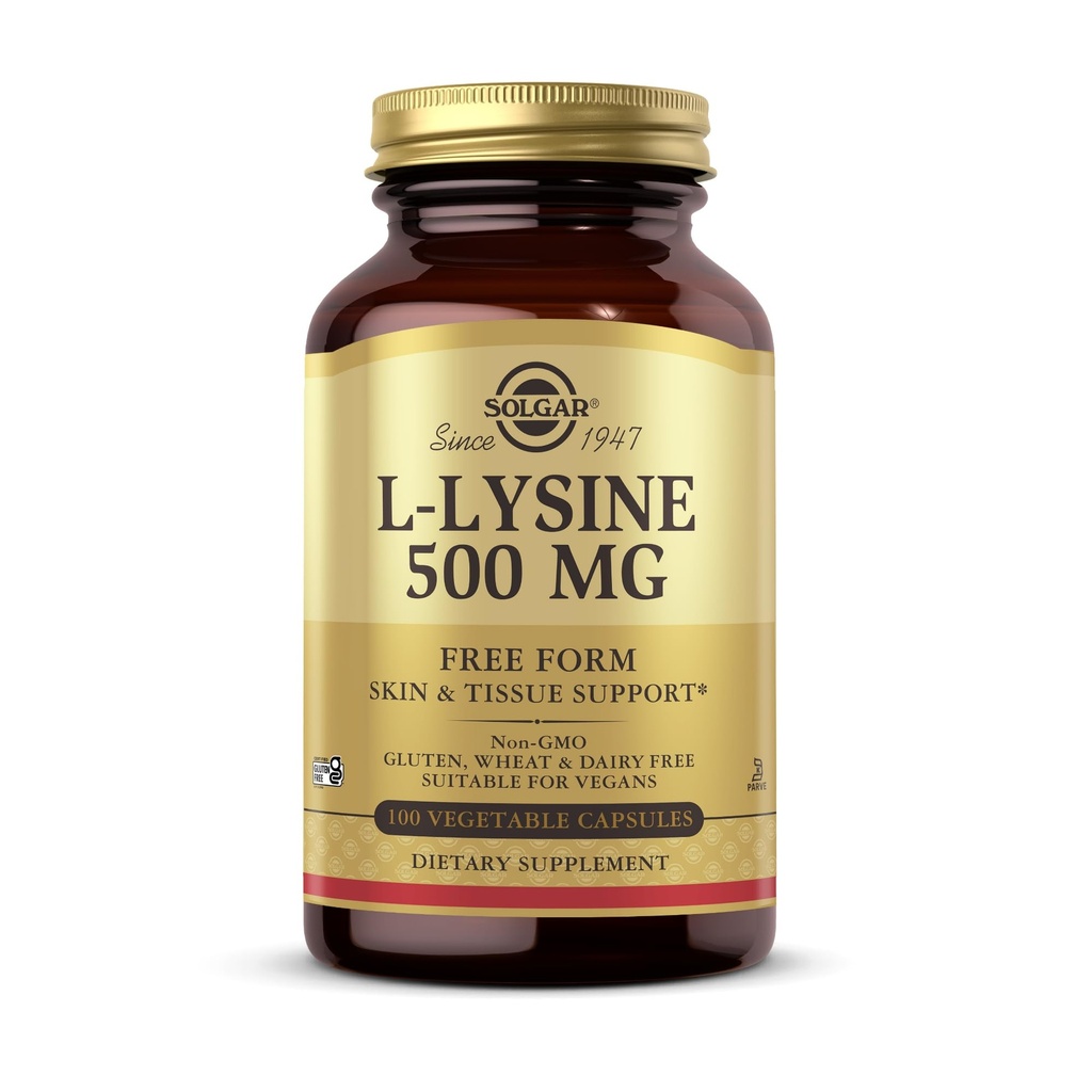 Solgar L-Lysine 500 mg - 100 Capsule vegetale - Skin & Tesut Support - Non-GMO, Vegan, Kosher, Gluten Free - 100 Serviri