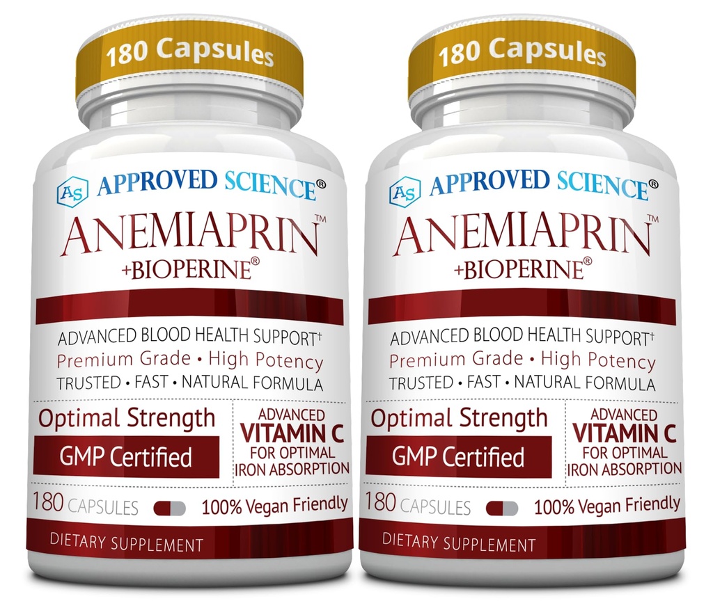 Stiinta aprobata Anemiaprin - fier absorbant, vitamina C - Blând pe stomac - 380 capsule - 6 luni de aprovizionare - non-GMO, Vegan