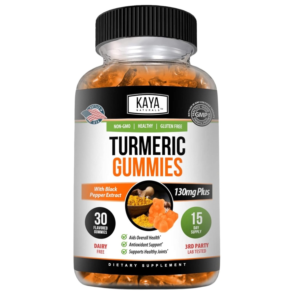 Kaya Naturals Turmeric Suplimente Gume - Pure Natura Curcumin Turmeric - Turmeric Ginger Gumies - 30 Conte Gummy - Turmeric cu extract de piper negru