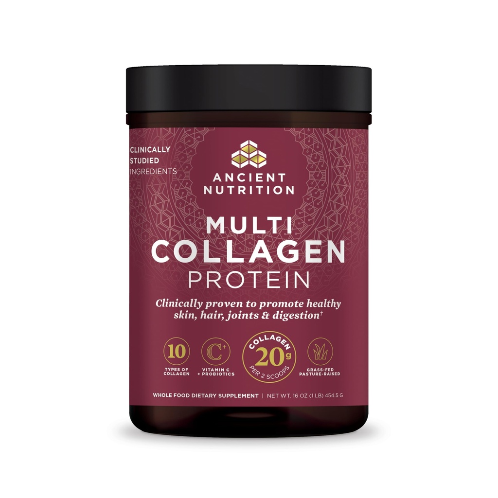 Nutriție antică Colagen Pulbere Proteina cu Probiotice, Proteina multicolagen nearomatizat cu vitamina C, 45 Serviri, Colagen peptide hidrolizate susține piele și unghii, Gut Health, 16oz