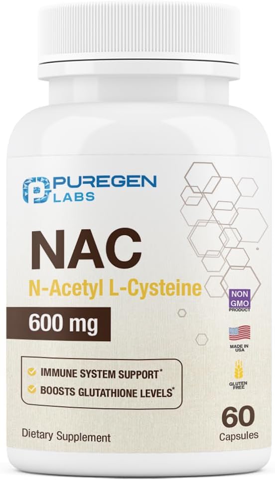 Puregen Labs N-Acetyl-L-Cysteine (NAC) 600mg, Susţine Immun, Respirator, Sănătatea ficatului, NAC 600 mg, Suport antioxidant potent, Radicale libere, Uşor de absorbit - 60 Capsule vegetariene
