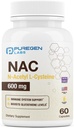 Puregen Labs N-Acetyl-L-Cysteine (NAC) 600mg, Susţine Immun, Respirator, Sănătatea ficatului, NAC 600 mg, Suport antioxidant potent, Radicale libere, Uşor de absorbit - 60 Capsule vegetariene