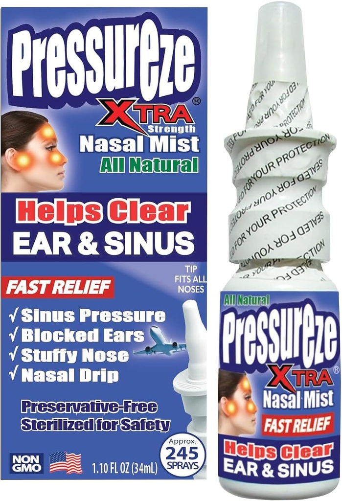 Presiune Xtra - Natural-conservative Free - steril Nasal Spray - pentru Sinus severe Congestion Relief - deschide canalele urechii blocate, sforăit - 245 Spray-uri, 34 ml (Pachet de 1)