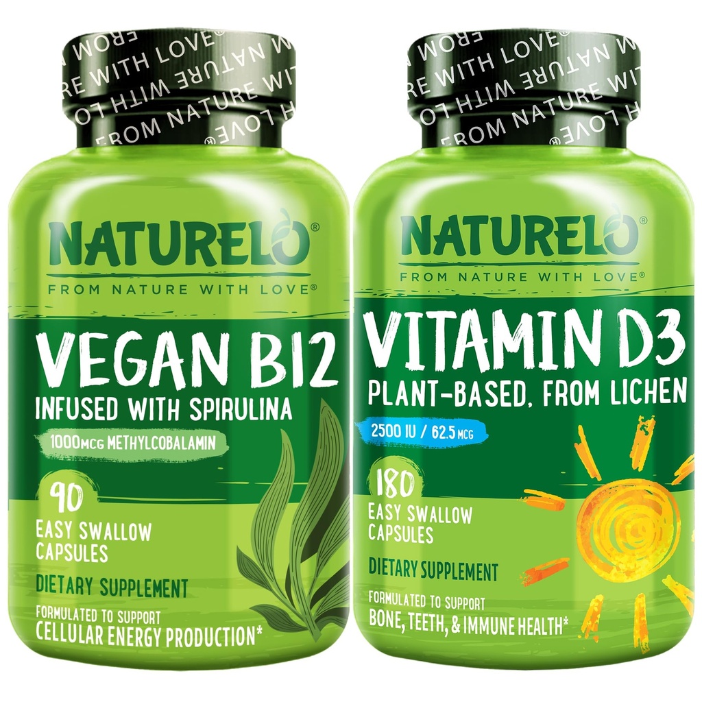 NATURO Vitamina D - Planta pe baza de Lichen - 180 Mini Capsule, Vegan B12, 1000 mcg Metilcobalamină - 90 capsule