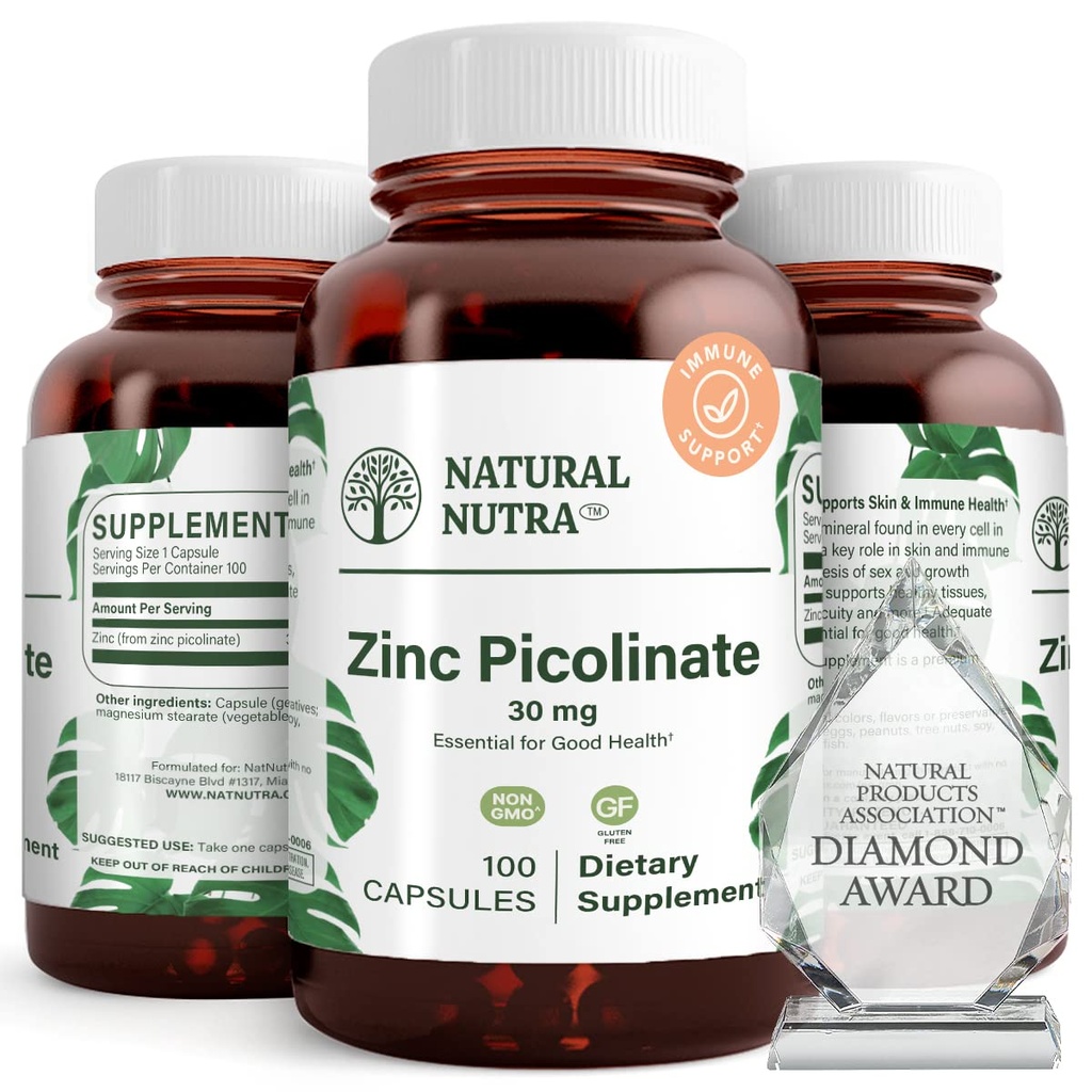 Picolinat natural de zinc Nutra 30 mg, Dublu de putere, crud și pur, extrem de biodisponibil supliment pentru creștere și sprijin imunitar, ajută la promovarea sănătății pielii, ajută la susținerea sistemului metabolic 100 capsule