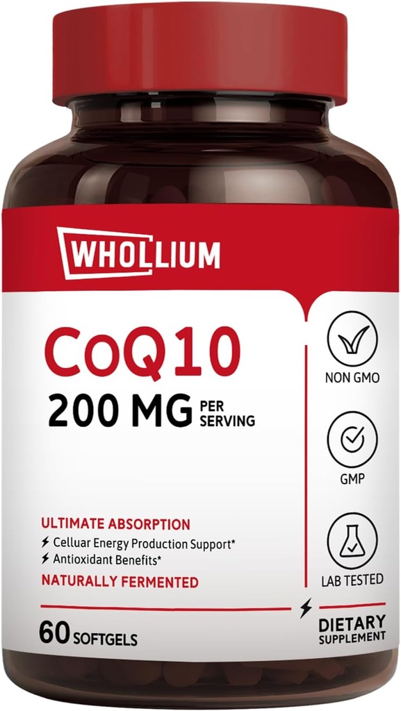 CoQ10 200mg Per Serving, Extra Virgin Olive Oil, Ultra Absorbtie, Fermentat natural, Coenzime Q10 Supliment, Productia de energie, Inima sanatoasa, Anti-Aging, 60 Softgels