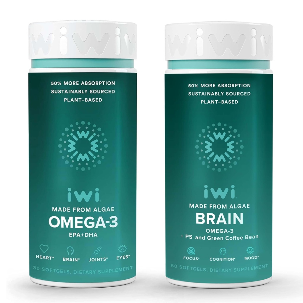 Iwi Omega-3 & Brain Omega-3 Bundle, 30 Servings, Vegan-Based Plant Algae Omega 3 with EPA + DHA, Krill & Fish Oil Alternative, No Fishy Afterhase