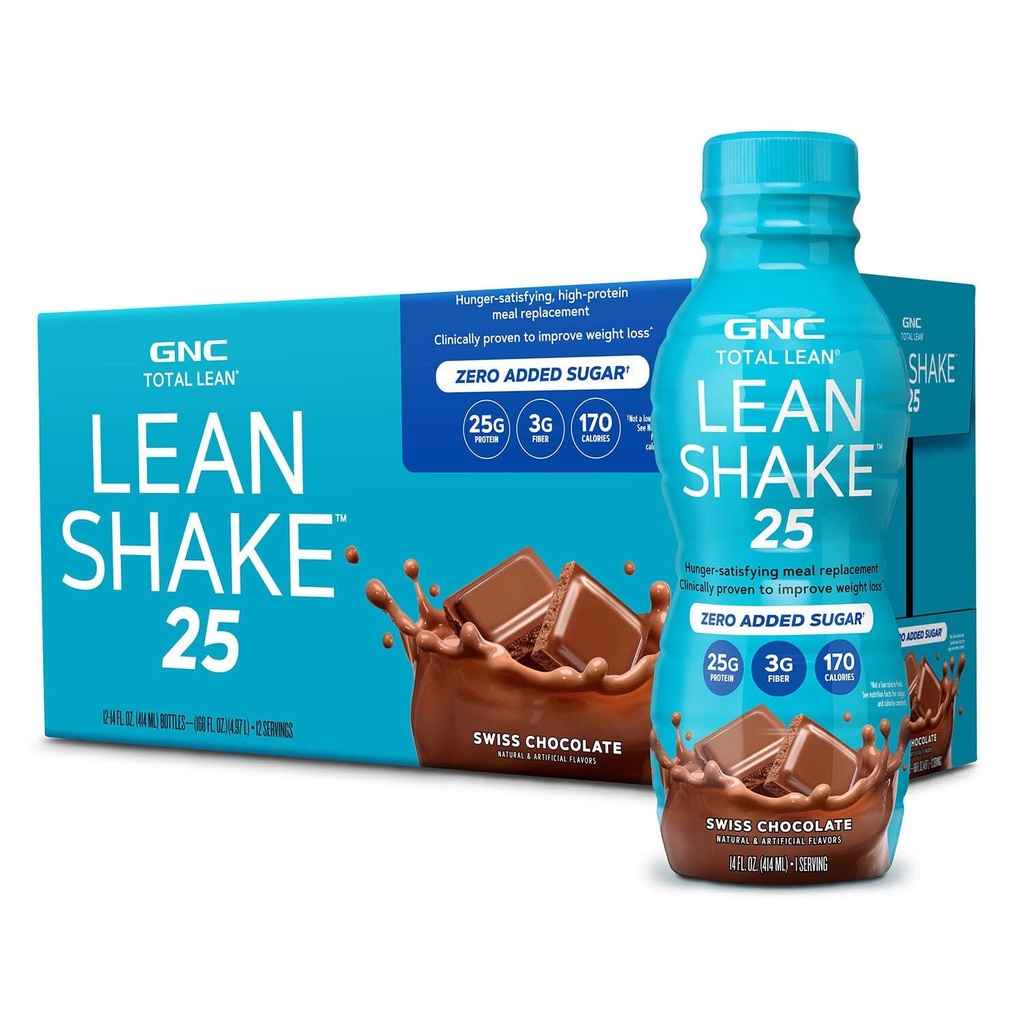 GNC Lean Shake 25 Proteine Shake, Clinic dovedit de management al greutatii, Masa de inlocuire, 25g Proteina cu Zero Adauga zahar, gata de baut, Ciocolata elvetiana, Pachet de 12
