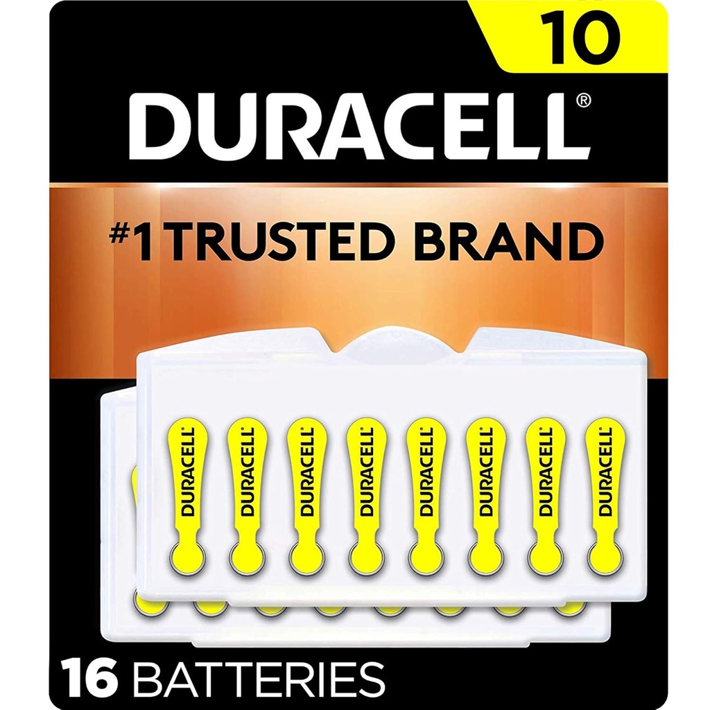 Bateria de ajutor auditiv Duracell Yellow Dimensiune 10, 16 Count Pack, 10A Dimensiune Audiere de ajutor baterie cu putere de lung-Lasting, Extra-Lung EasyTab instala pentru dispozitive de ajutor auditiv