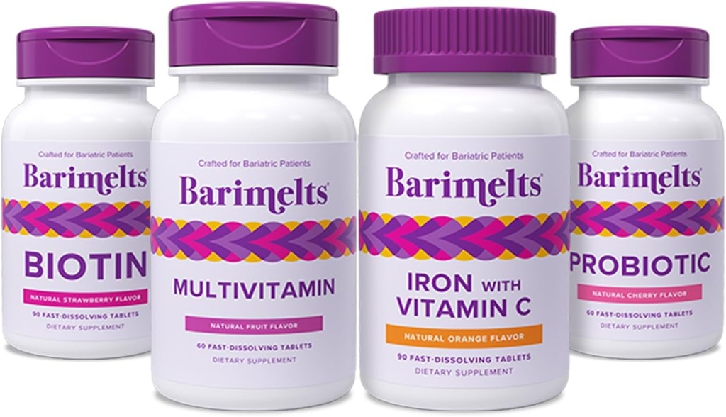 BariMelts Complete post-chirurgie Bariatrica Bundle - Multivitamine, Fier cu vitamina C, Biotina si Probiotice
