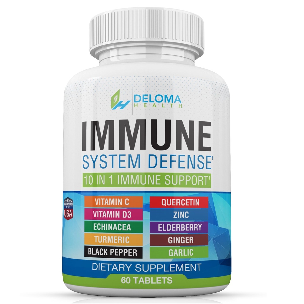 10 din 1 Supliment de suport pentru sistemul imunitar - vitamina C (1000 mg), Querbetin, vitamina D3 (5000iu), zinc (40 mg), elderberry, echinacea, Turmeric, ghimbir, usturoi, Pepper negru