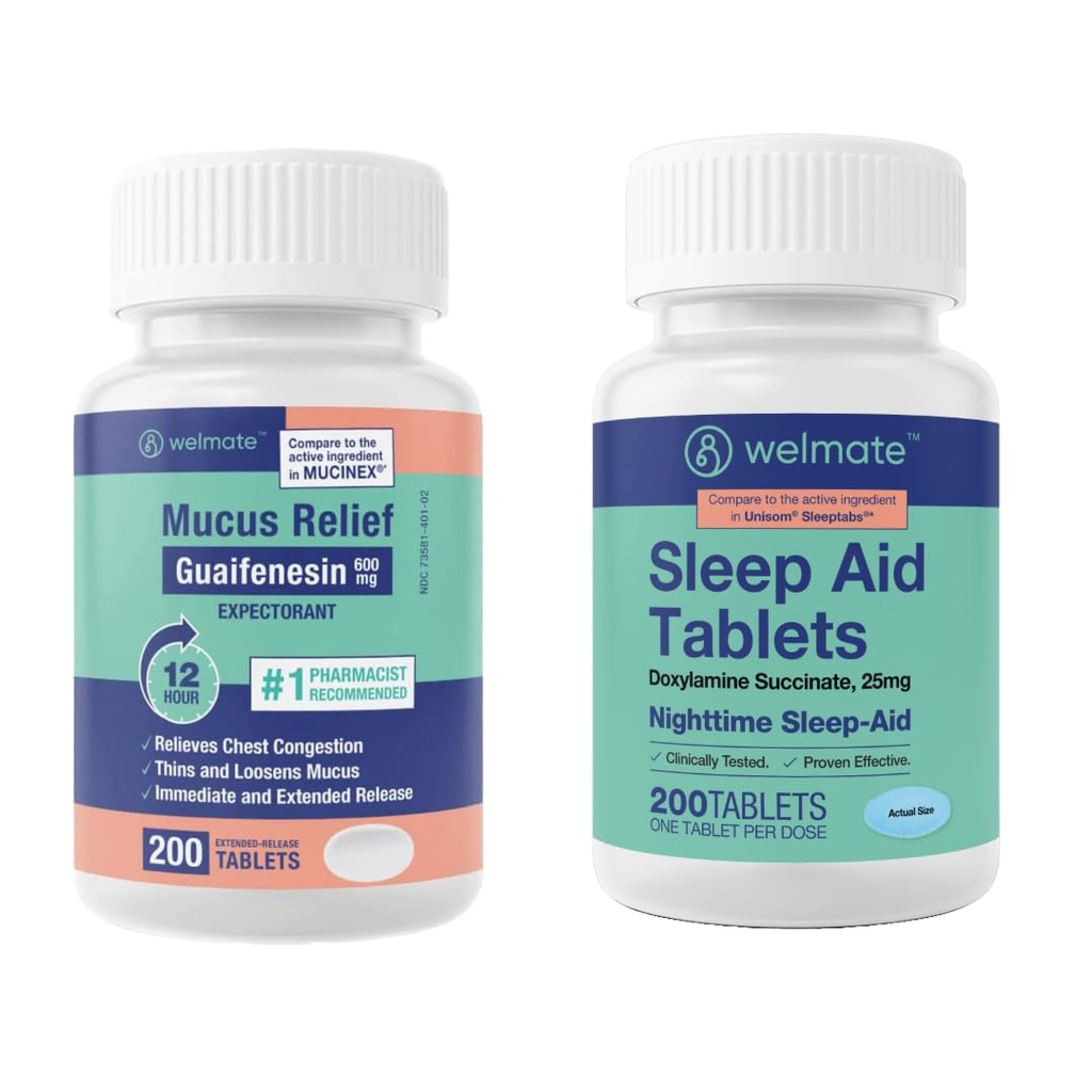 Welmate Nighttime Wellness Bundle: Mucus Relief Guaifensin 600 mg Mucus Relief (200 Ct) & Doxilamine Succinate 25mg Sleep Aid (200 Ct)