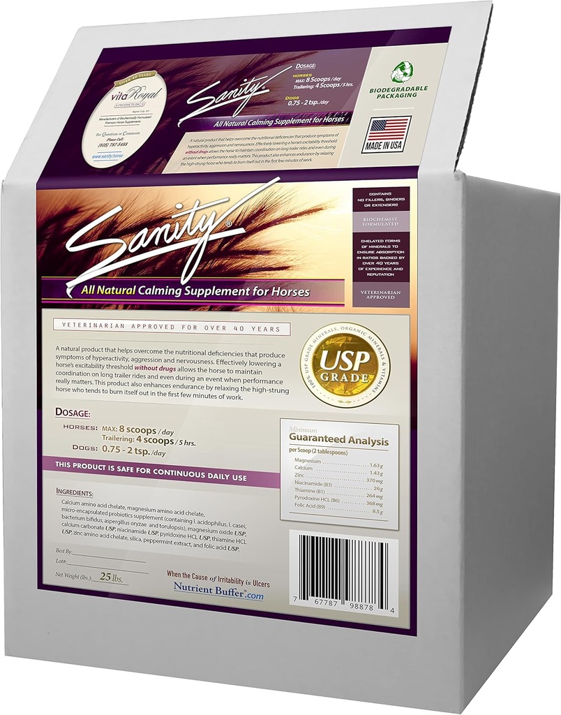 Sanatate - Equine Behavioral calming Supliment de focalizare pentru cai - Magneziu, Calciu, Zinc, B Vitamine, Aminoacidi, Probiotice, Tiamină, Acid folic, Niacin, Peppermint & More