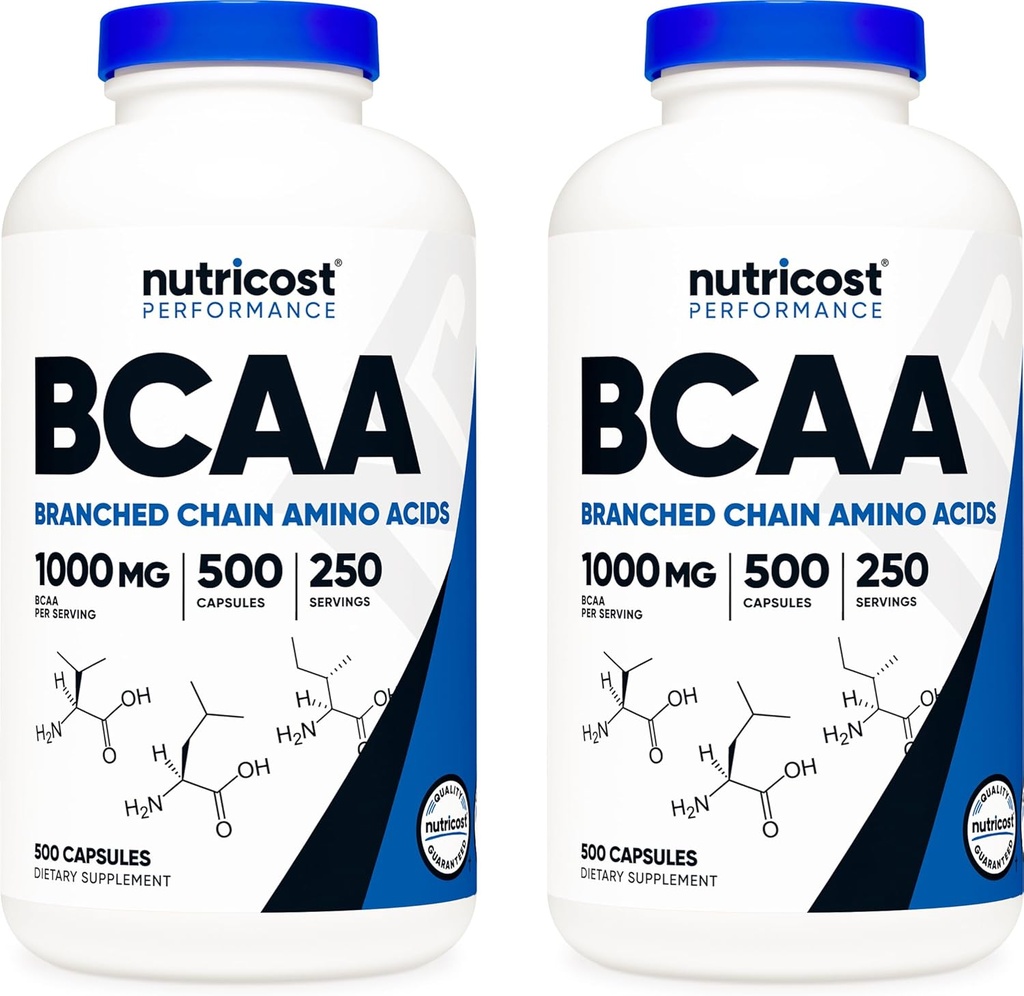 Nutricost BCAA 1000mg, 500 capsule (250 Serv), 2:1:1 Aminoacidi din lanţul ramificat (500 mg L-Leucină, 250 mg L-izoleucină şi L-Valină) (2 flacoane)