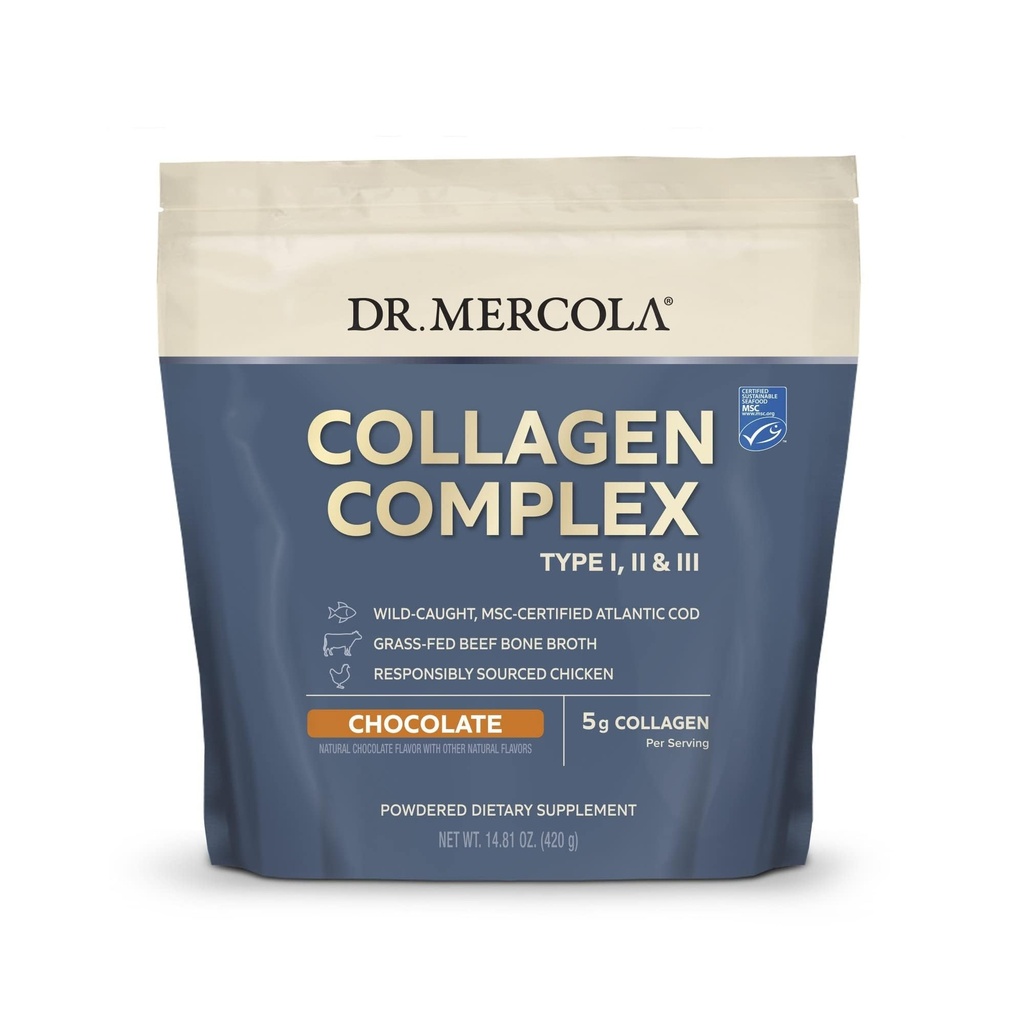 Dr. Mercola Colagen Complex Powder - Suporturi Skin Elasticity & Joint Function - Multi-Sursa Colagen Tipuri I II III - 10.89 oz (30 Servings) - Ciocolata