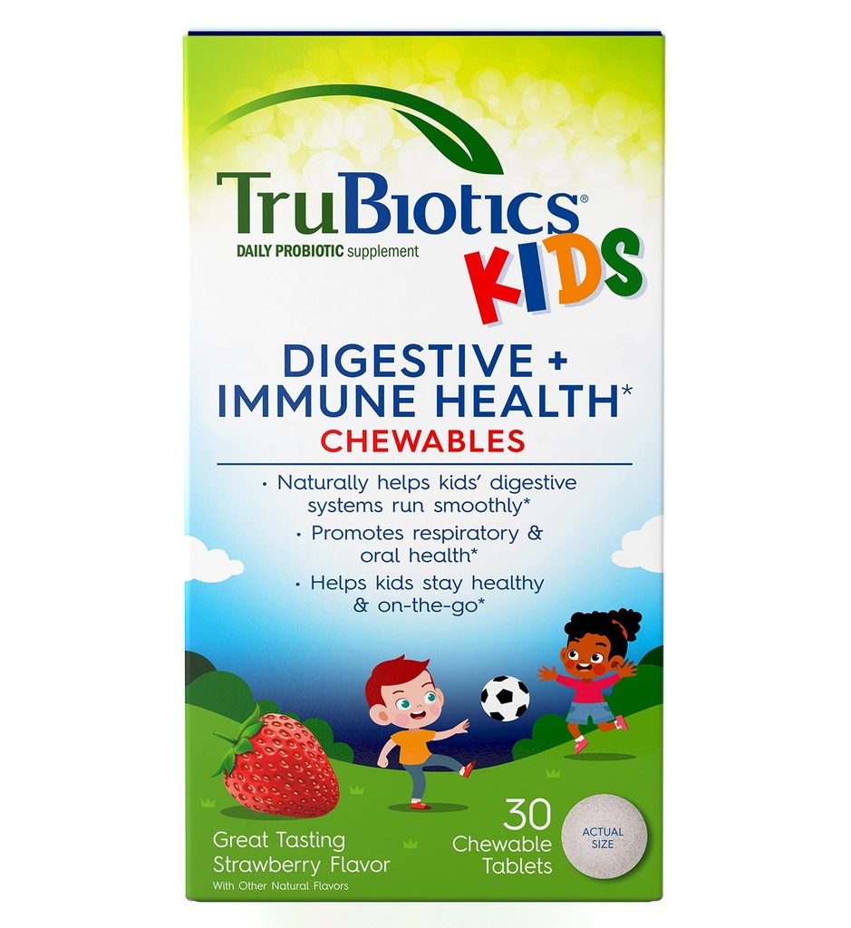 TruBiotice Probiotice pentru copii Digestive & Immune Health Support, Sugar-Free Chewable Kids Probiotic pentru a ajuta la mentinerea o burtica sanatoasa, aroma naturala de capsuni, 30 tablete