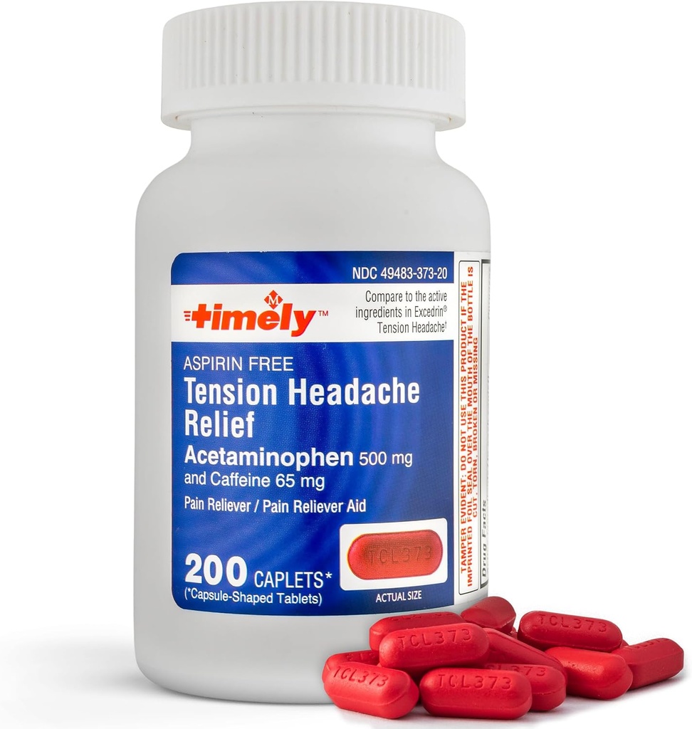 Timp - 200 Caplete - Tensiune Dureri de cap și durere Relieiver cu Acetaminofen 500 mg și Cafeina 65 mg Putere suplimentară pentru cap, gât, umăr și durere de corp Reliever, aspirina gratuit - Made in USA