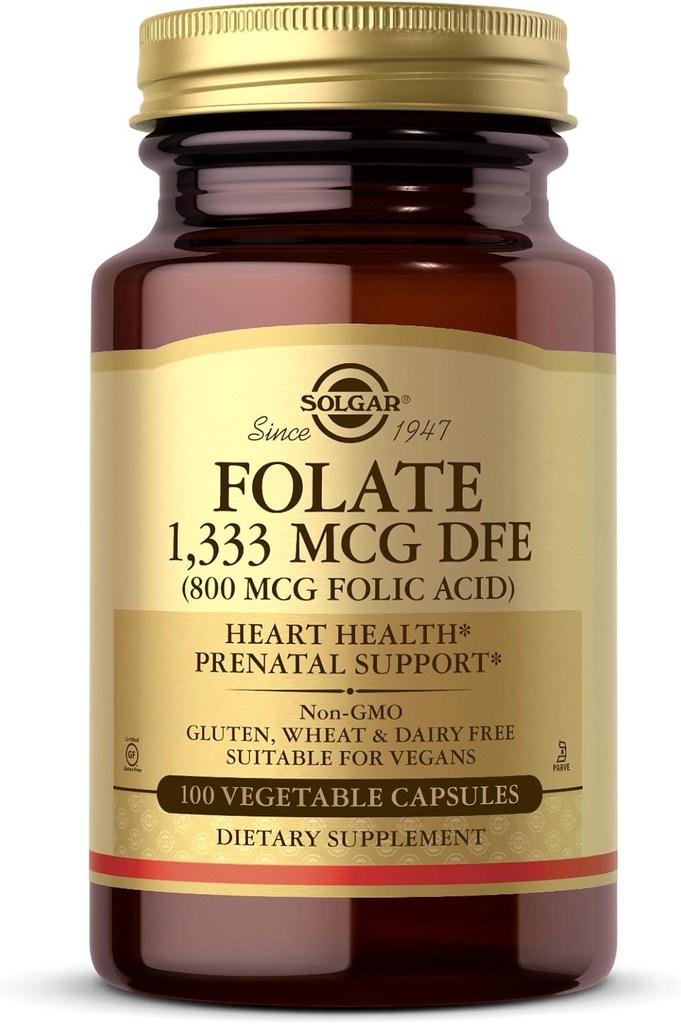 Solgar Folate 1,333 mcg Folat dietetic echivalent (800 mcg Acid folic), 100 Capsule vegetale - Heart Health, Sistem nervos sănătos, Suport prenatal - non-GMO, Vegan, Gluten Free - 100 Servings