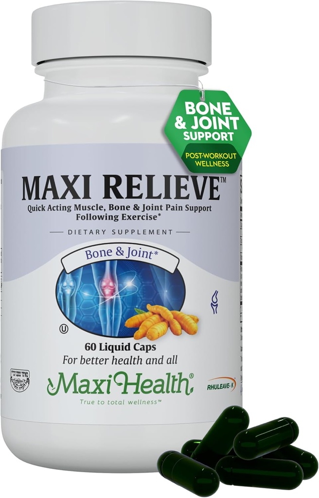 Maxi Health Relieve Supliment comun de sprijin cu Turmeric și Boswellia Serrata, suport rapid după exercițiu, Vegetarian non-GMO Bone & Joint Health Supplement pentru bărbați și femei, 60 capsule