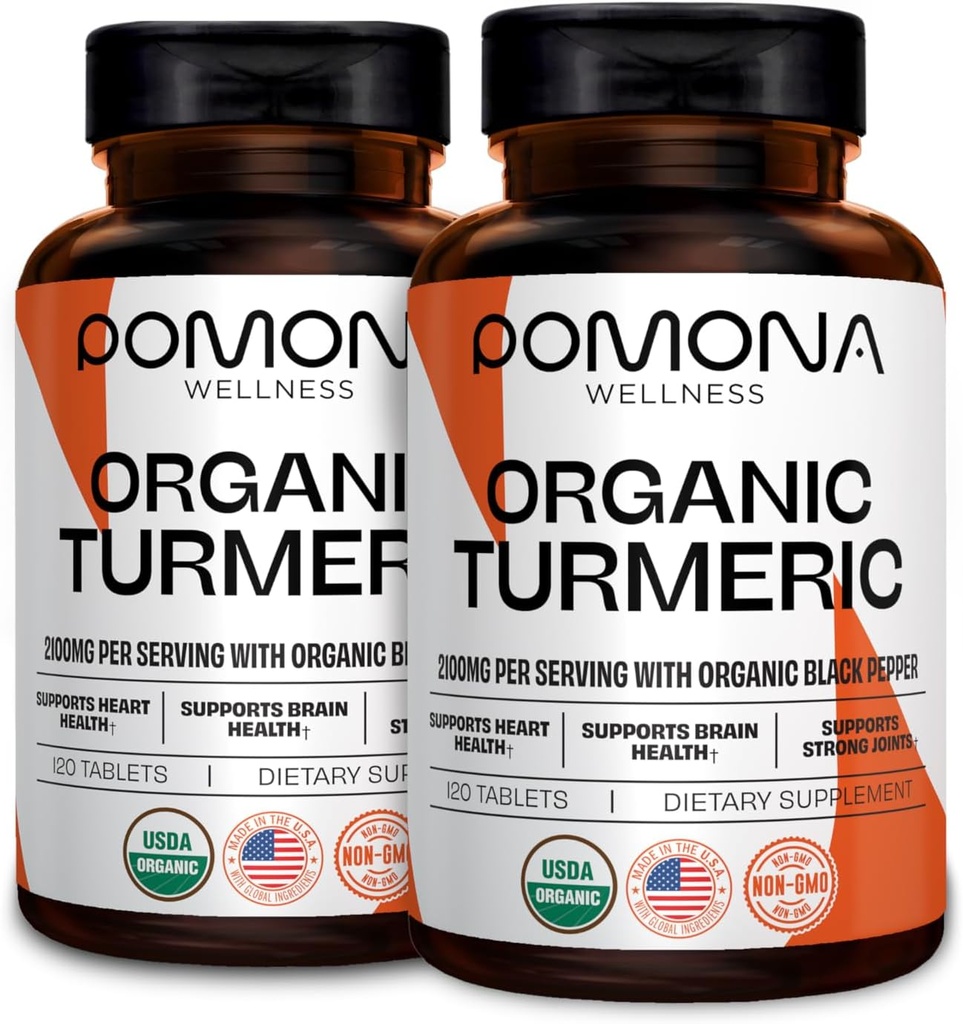 Pomona Wellness Organic Turmeric Supliment 2100 mg, USDA Organic, non-GMO, Vegan, Curcumina Turmeric cu Pepper negru pentru Absorbție, pentru suport comun și imunitate, 240 comprimate (2 ambalaj)