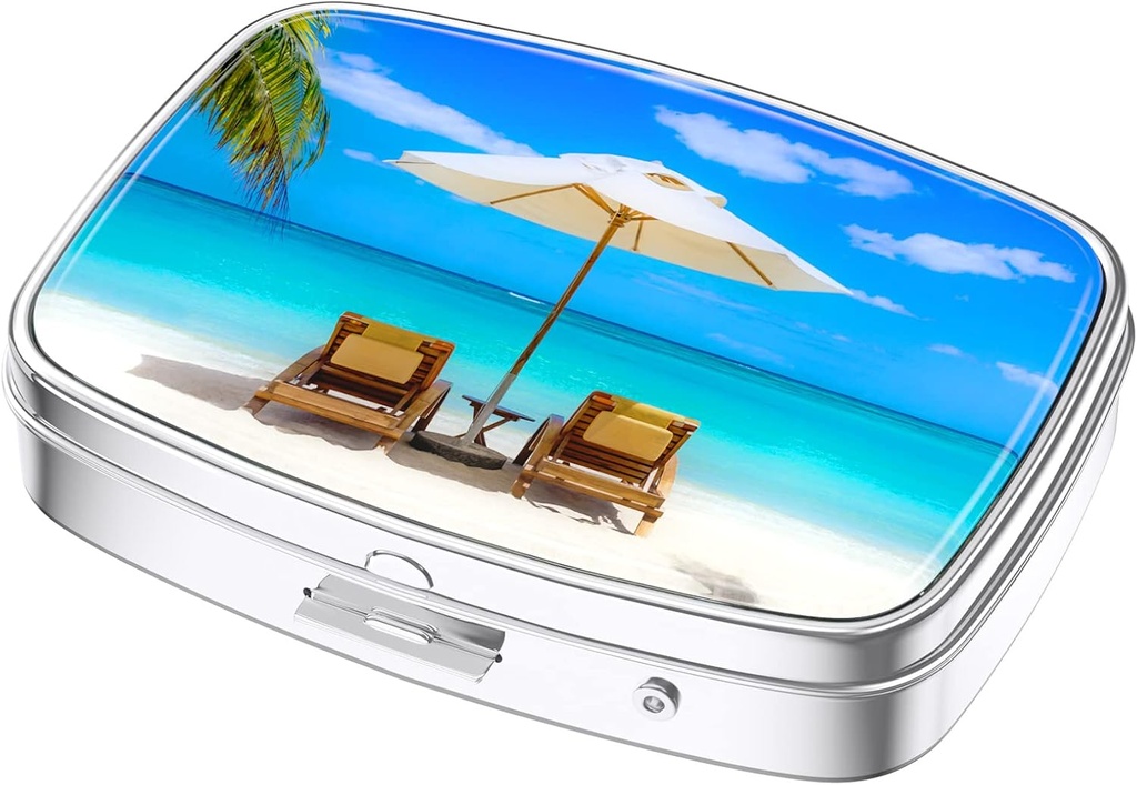 Nipichsha cutie de pastile, caz de pilule mici pentru Purse & Pocket, Cute Travel Medicine Organizator, Portable Medicine Container Holder to Hold Vitamine, Medicamente, Fish Oil & Supplements, Happy Beach