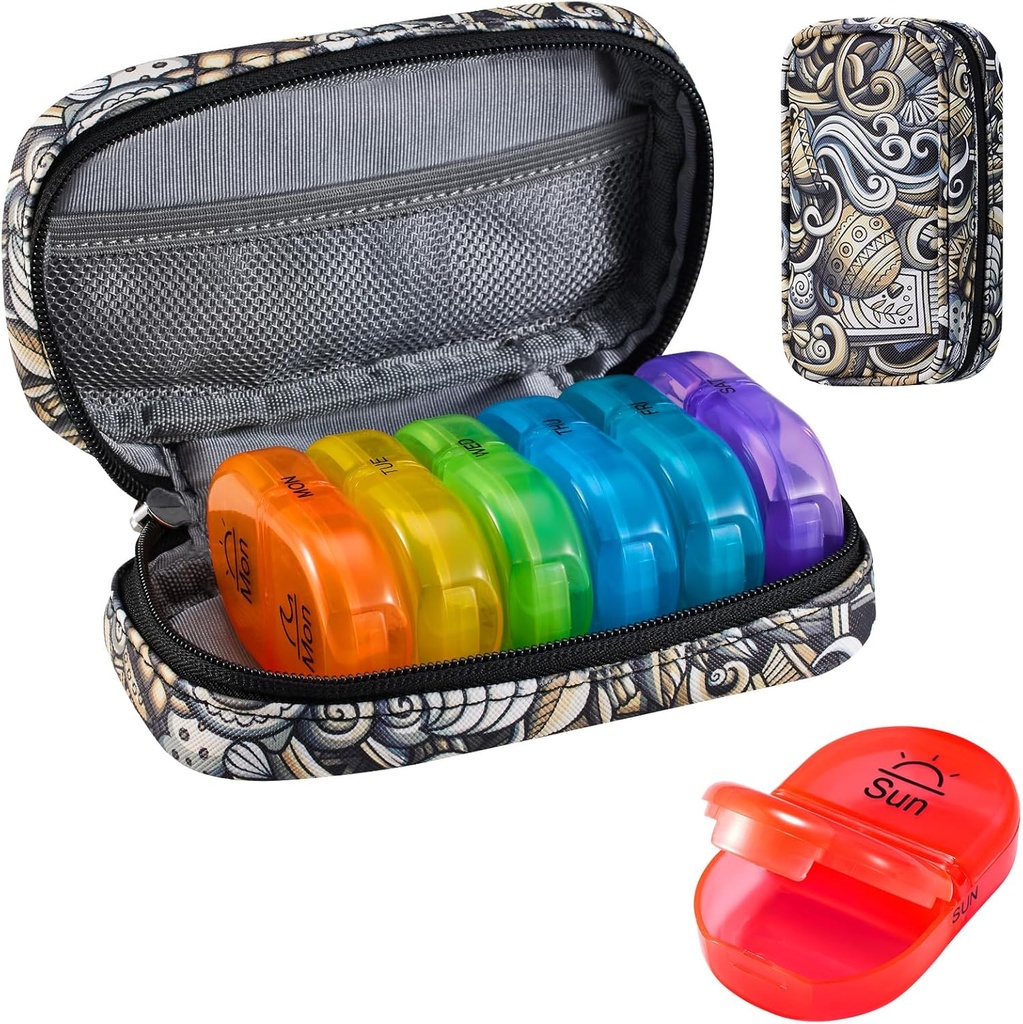 Serfeymi Weekly Travel Pill Organizator 2 Times A Day AM PM Upgraded Rainbow Pill Box 7 Ziua cu Portabil Zipper PU Pilula din piele, Medicina Organizator pentru pastile, vitamine, uleiuri de pește - Brown 03