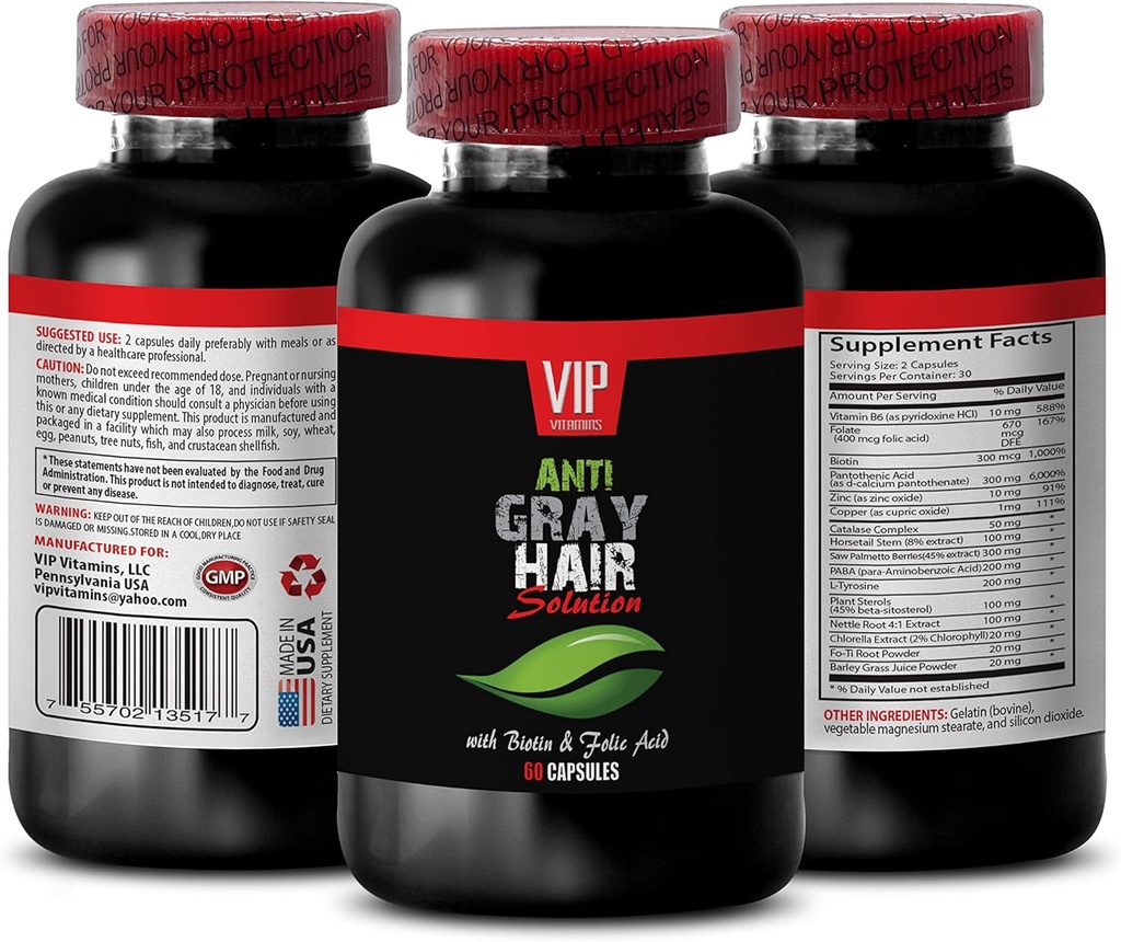 Întinerire Frumuseţe - Soluţie de păr gri - cu BIOTIN & Acid FOLIC - urzici Capsule, Paba Supliment, Gray Suplimentul de păr, supliment de folat pentru femei, vitamine pentru păr gri Reversal, 1B 60 Capace