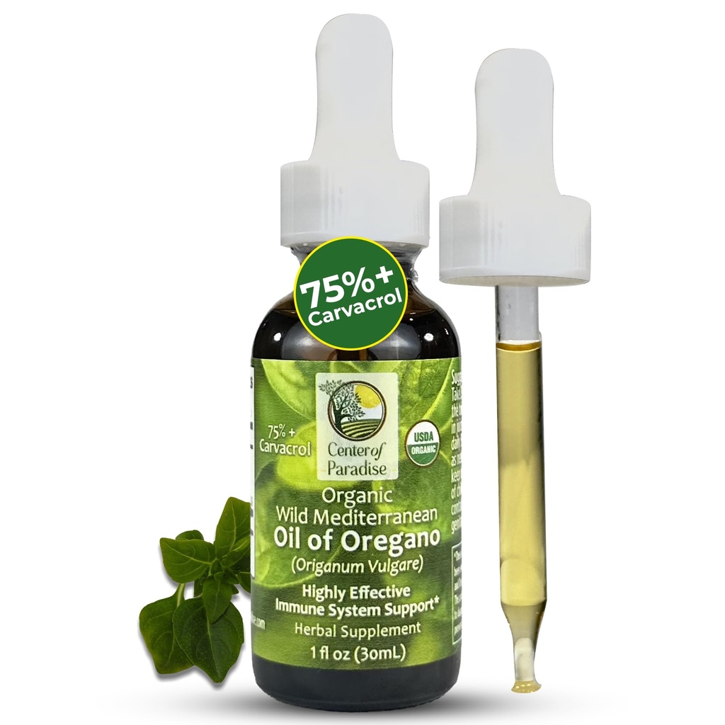 Centrul de ulei mediteranean Paradise Wild de Oregano cu 75% + Carvacrol (1 fl oz) Picături organice Oregano certificate în ulei de măsline extra virgin pentru imune* & respiratorii* Suport, Approx 450 Servings