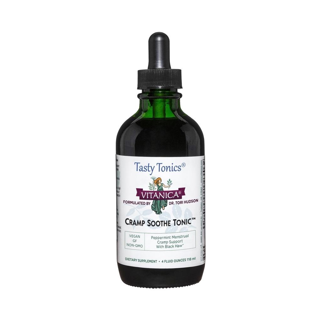 Vitanica Cramp Soothe Tonic, Dr Formulated Menstrual Cramp Support, cu Black Haw Bark, Valerian Root, Ginger Root, și Garrya Herb, Alcool gratuit, Vegan, 4 Ounce