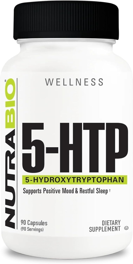 NutraBio 5-HTP Supliment, capsule 200mg- poate ajuta la sprijinirea și promovarea somn mai sănătos și susținut, 90 capsule vegetale