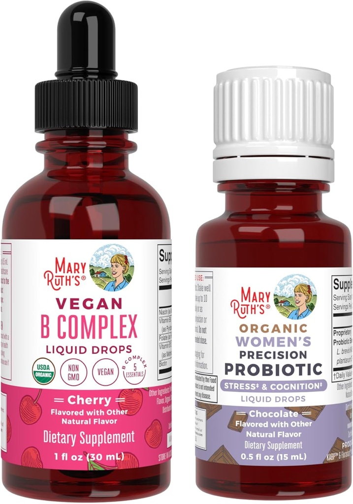 MaryRuth Organics Stress & Cognition Probiotic (Chocolate) pentru femei & B Drops Complex 