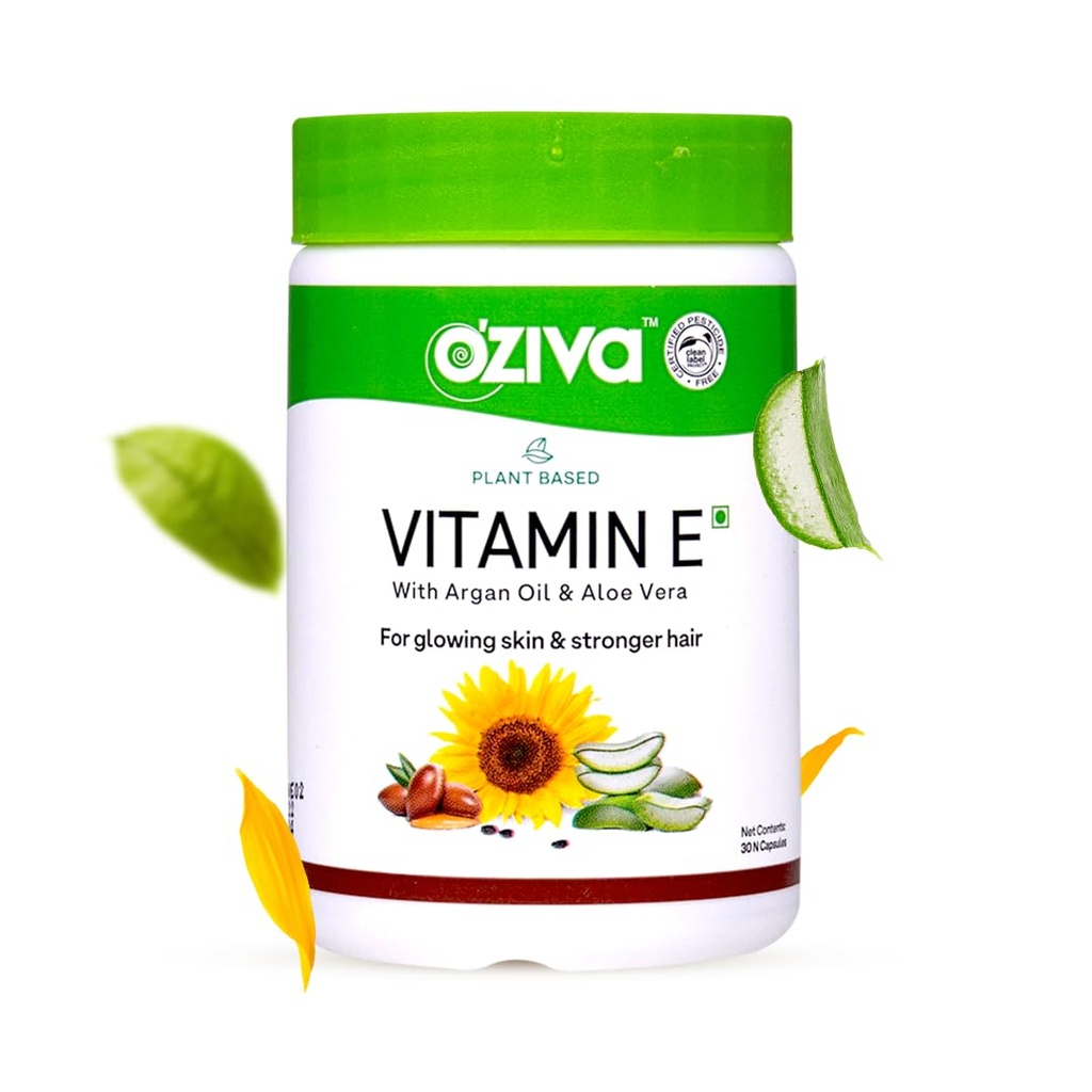 OZiva Plant Bazat 100% Vitamina Naturala E + Aloe Vera + Ulei de argan pentru stralucirea pielii si par mai puternic, 30 Capsule Veg, Non OMG