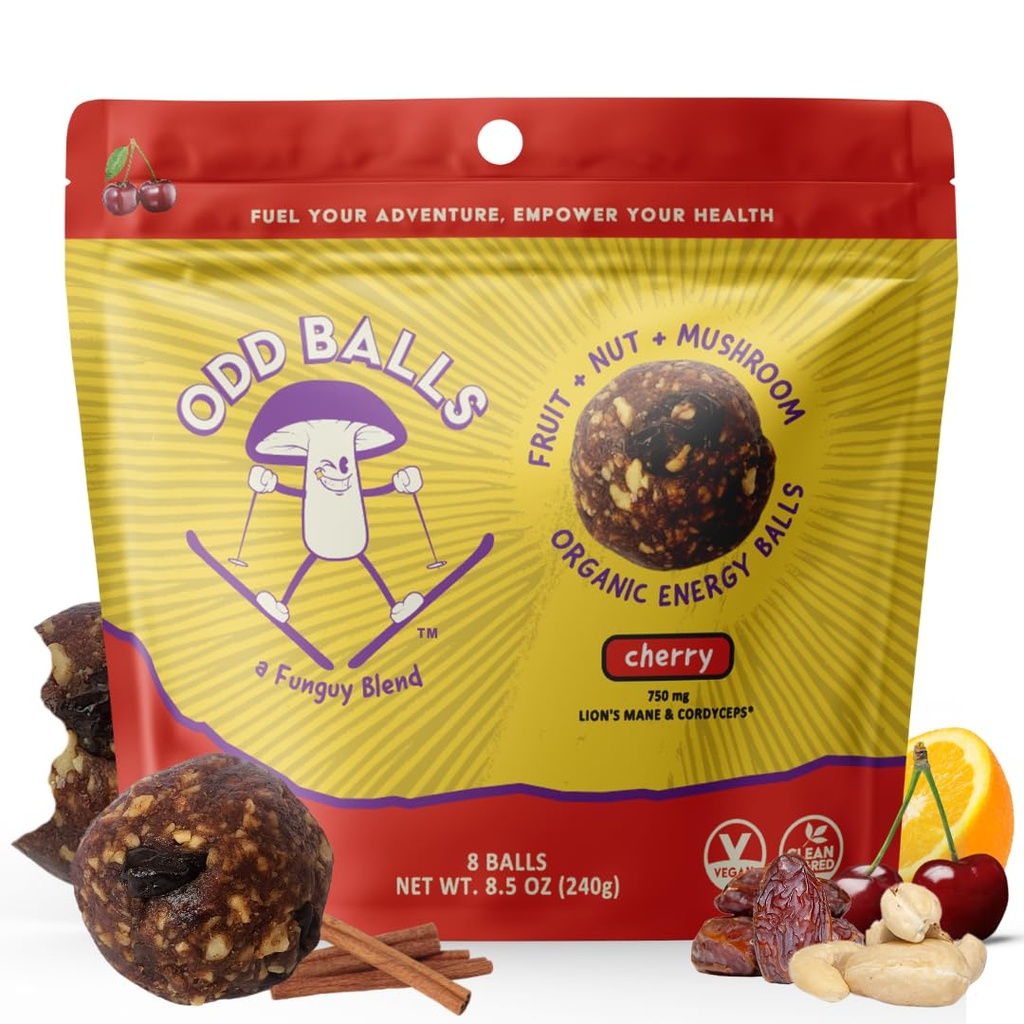 ODD BALLS Organic Energy Balls Cherry - Superfood Mushroom Snack - Running, Ciclism, Drumeţii - Geluri, Baruri Alternative - Lion's Mane Focus, Cordyceps Energy - Vegan, Gluten Free Snacks pentru copii şi adulţi (8,5 oz, Cherry)