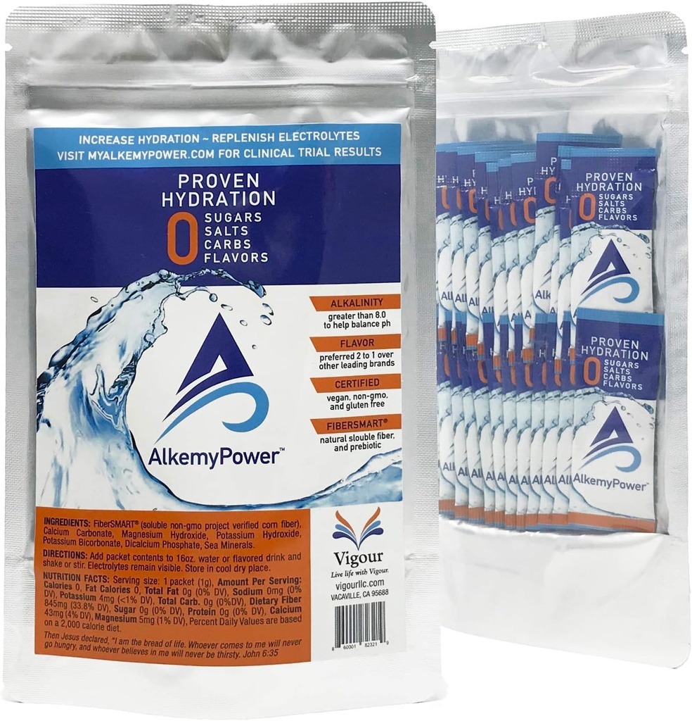 AlkemyPowerTM Hydration Electrolyte Powder, No Sugars, Salts, Carbs, Flavors or Calories, 100% Natural, Convenent Stick Pack, 30 Conte