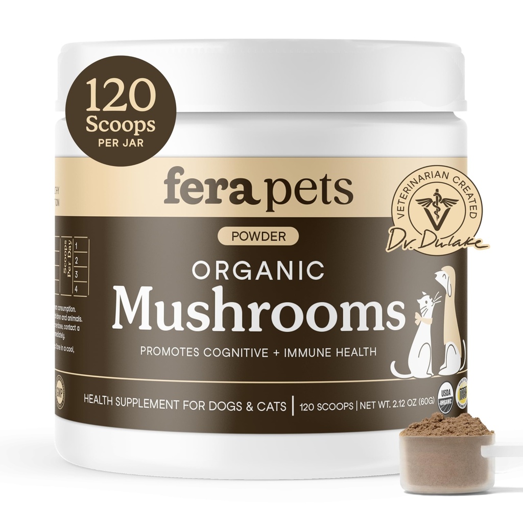 Fera Animale de companie supliment ciuperci pentru câini și pisici cu Turcia Coada - USDA Organic - Suport cognitiv și imun - Îmbunătățește funcția ficatului - Sprijină un gust sănătos - pulbere - 120 Scoops